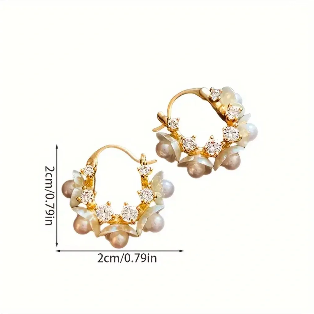 Pearl Hoop Earrings Floral CZ Accents Romantic Statement Jewelry NWT - Picture 6 of 6